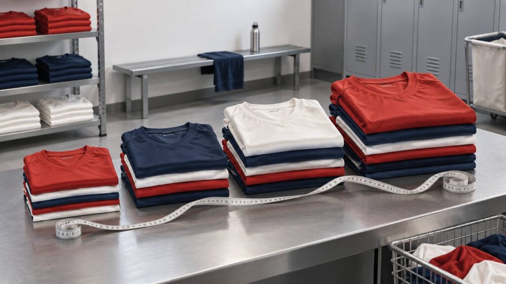Pile de maillots de sport sans logo avec un mètre ruban de couturier