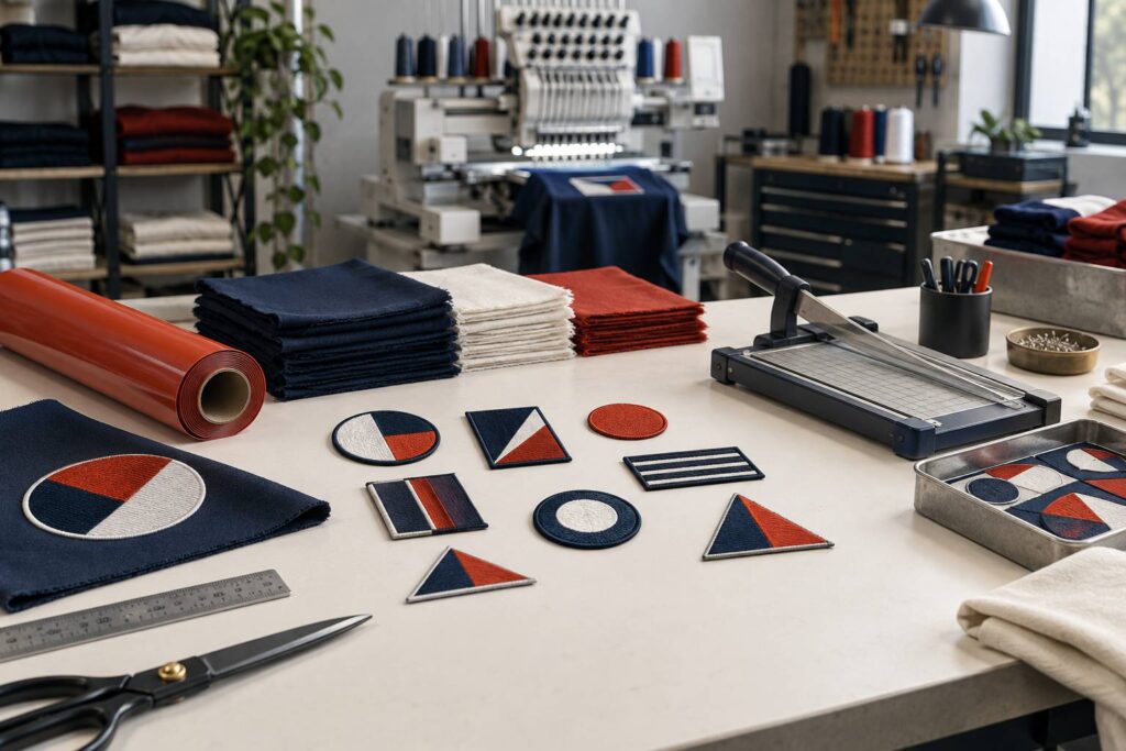 Établi d'atelier de flocage textile avec écussons brodés et rouleau de vinyle