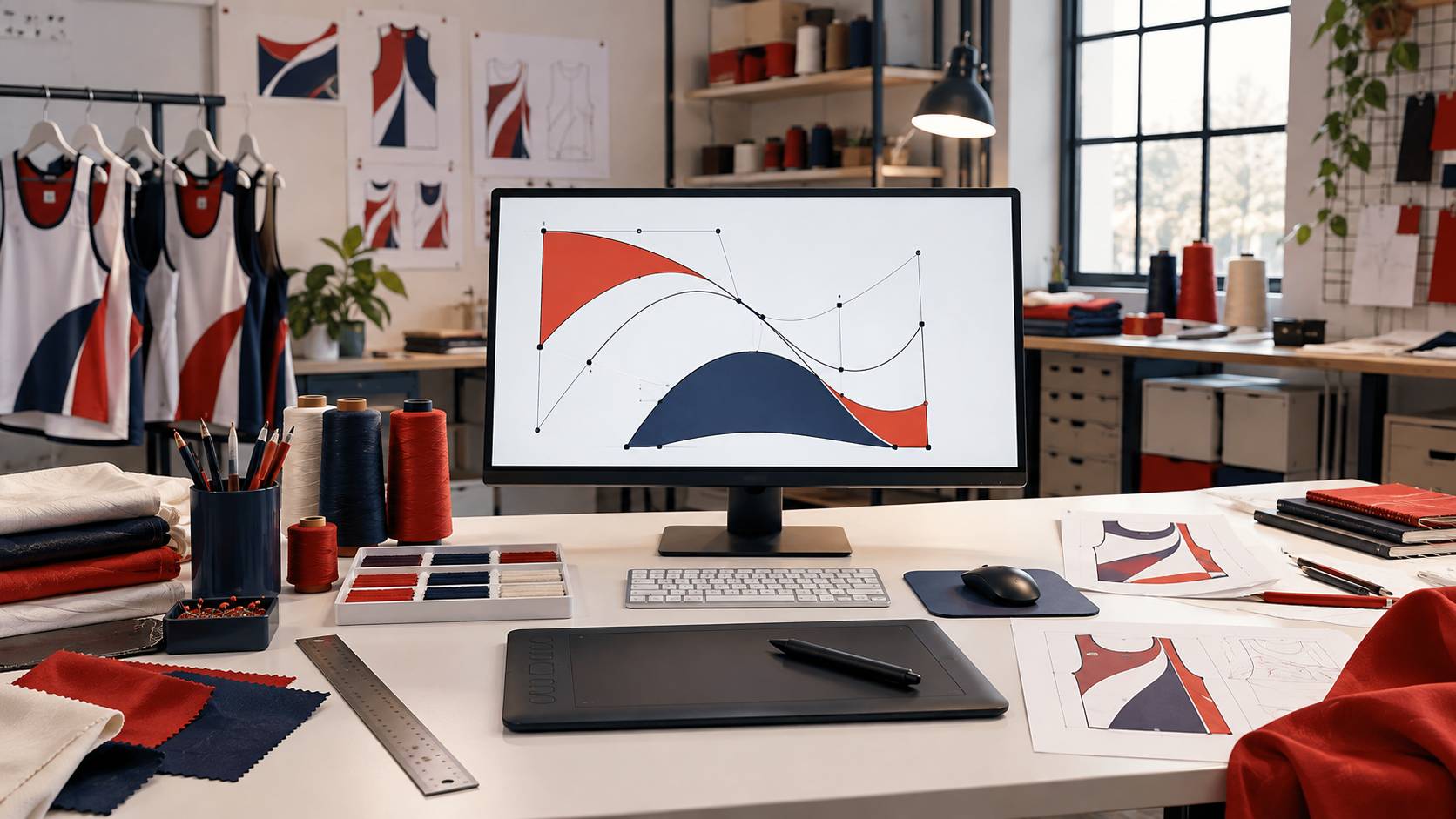 Poste de travail graphique avec écran de courbes vectorielles et tablette
