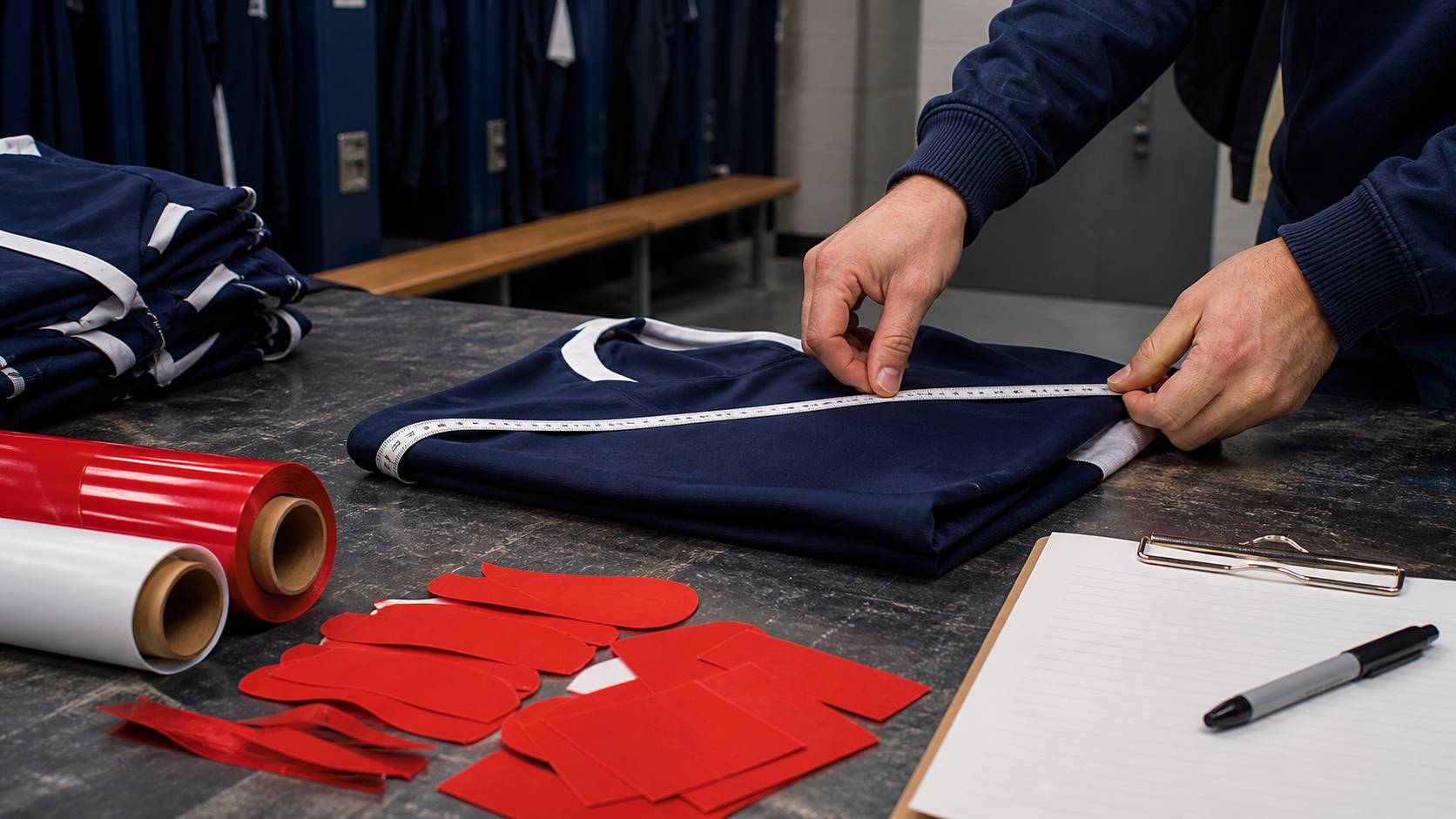Mains vérifiant un maillot sportif avec un mètre ruban