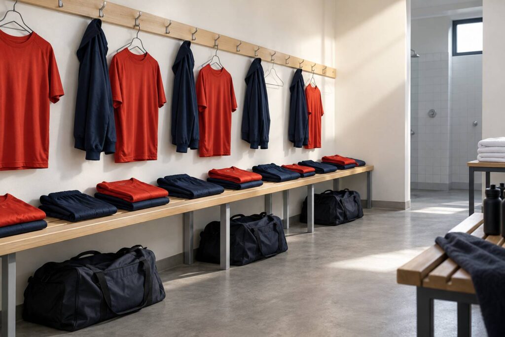 Shorts, survêtements et sacs alignés dans un vestiaire de club