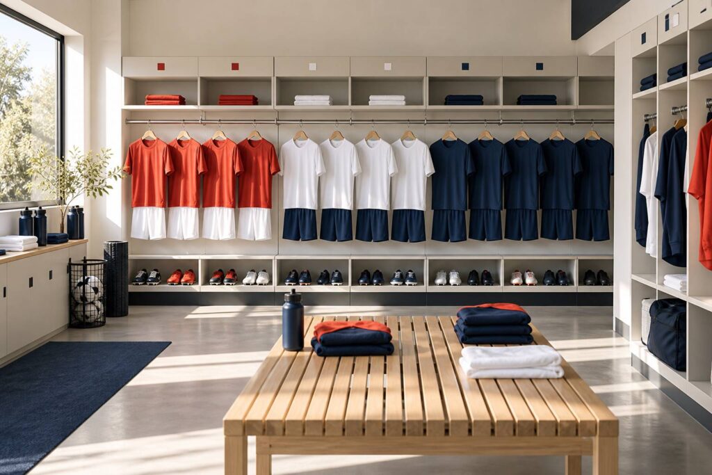 Vestiaire d'équipe avec maillots suspendus par tailles et casiers