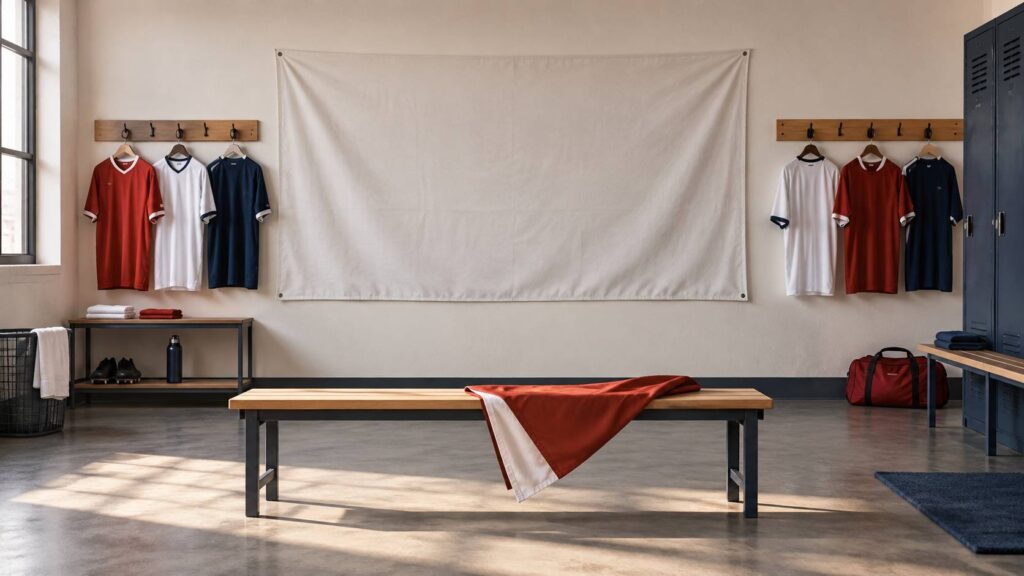 Banderole textile neutre tendue dans un vestiaire de club