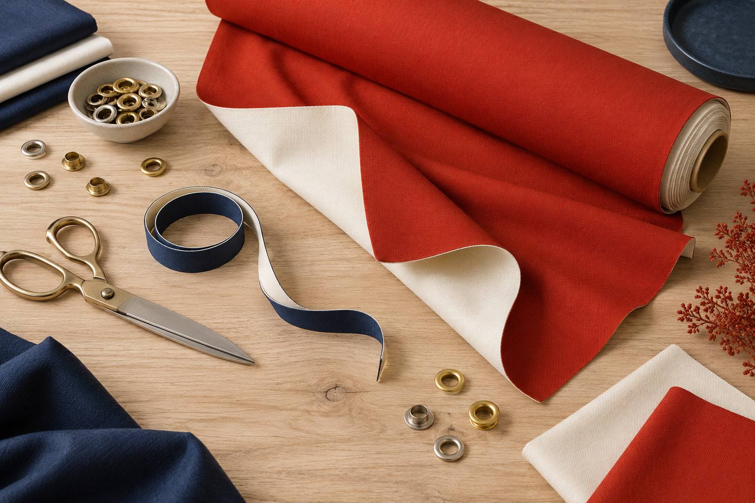 Rouleau de tissu bicolore et oeillets sur une table claire