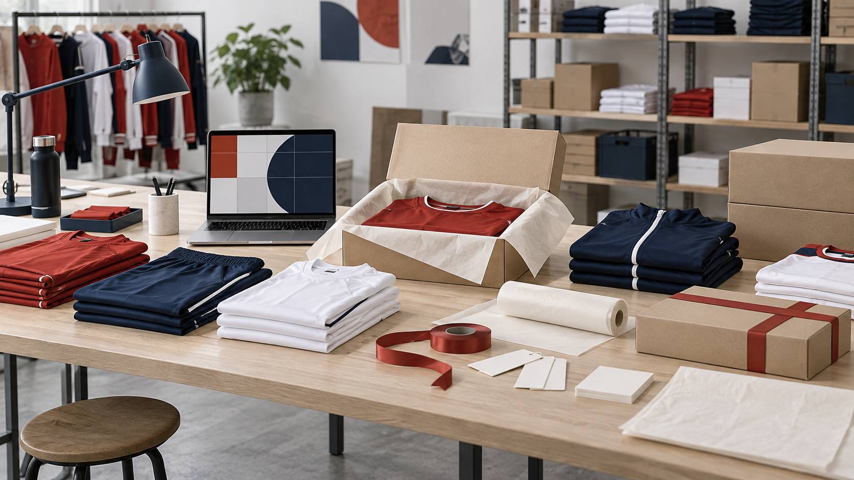 Table d'emballage avec tenues de sport et colis en carton