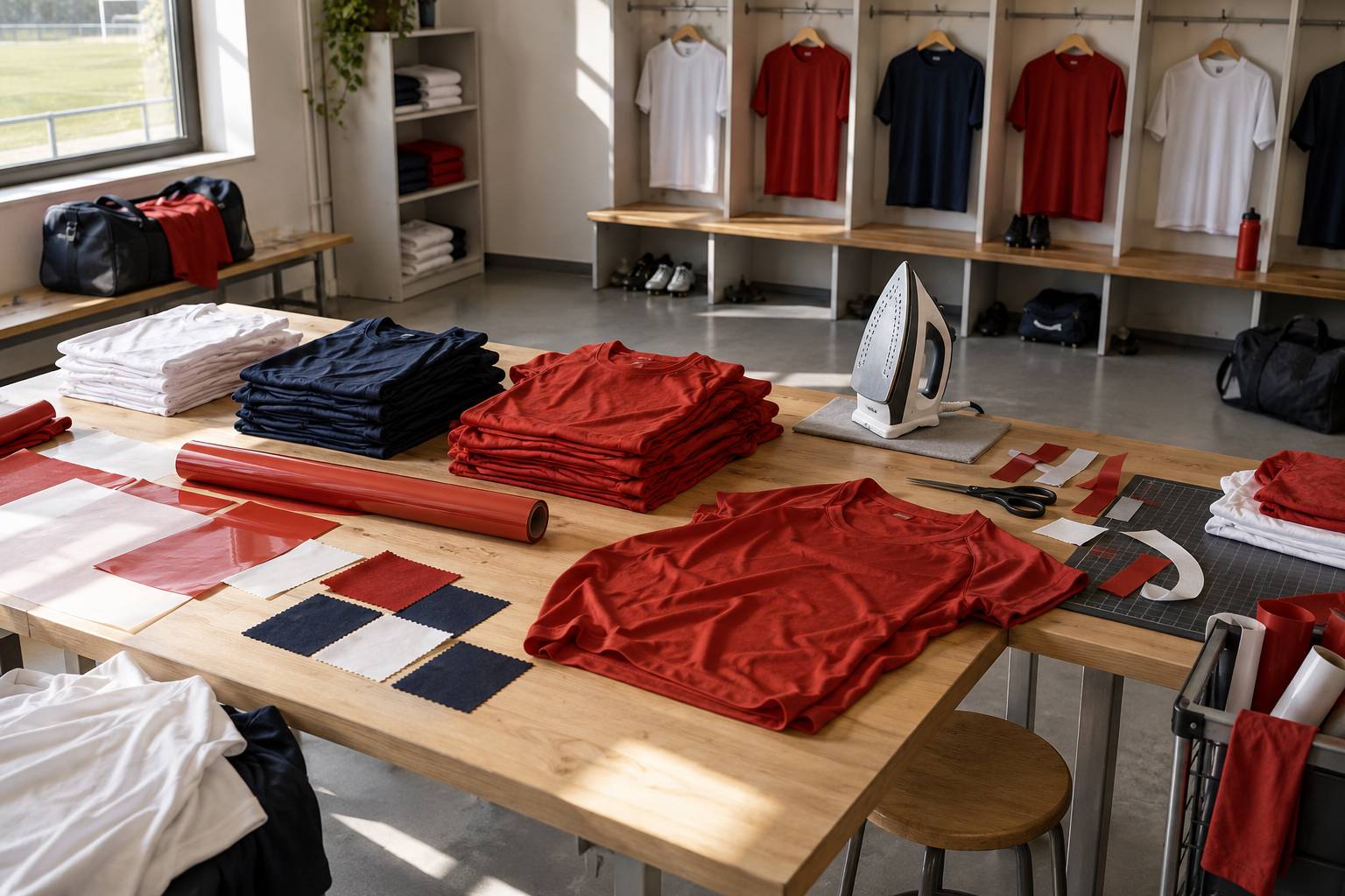 Pieces de textile sportif et echantillons sur une table d'atelier de marquage