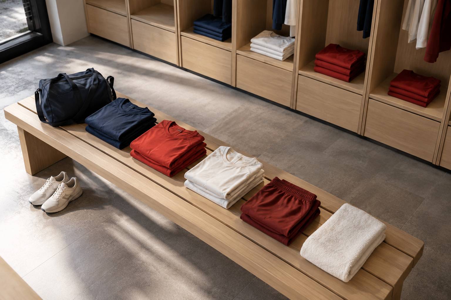 Piles de tenues de sport unies sur une banquette de vestiaire