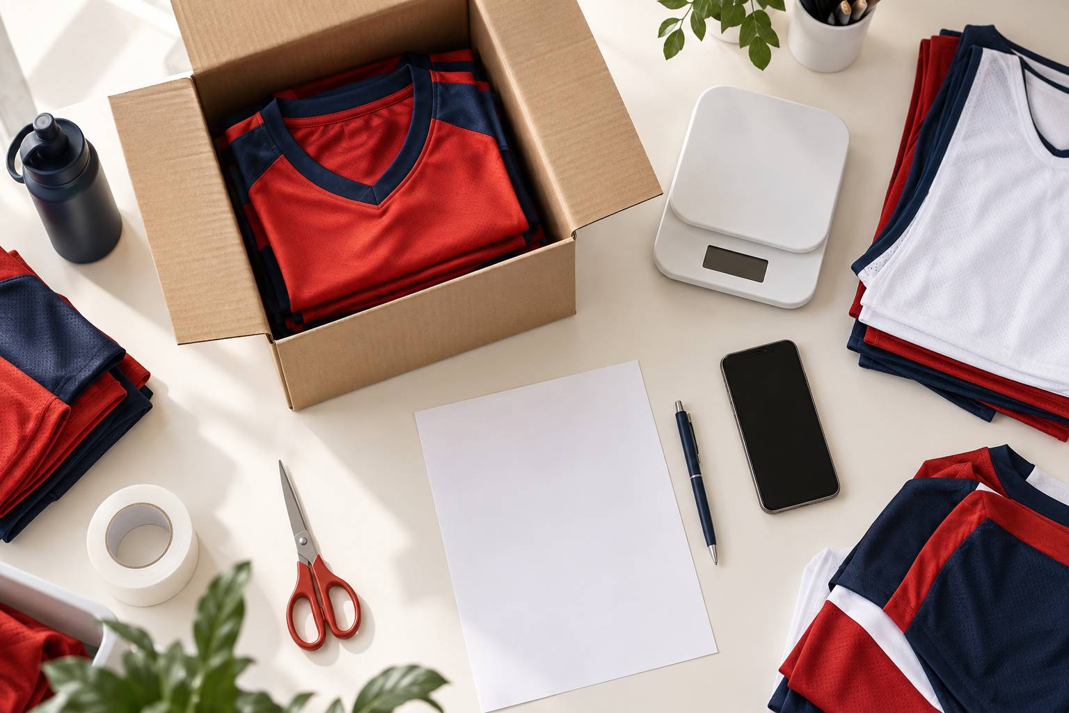 Carton de maillots, feuille de commande et telephone sur un bureau de club