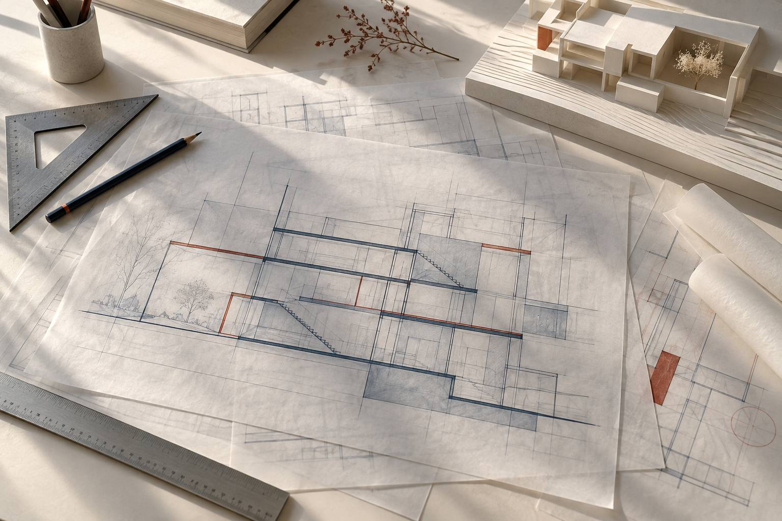 Feuilles de calque superposees d'une coupe de batiment avec reglet et maquette en carton