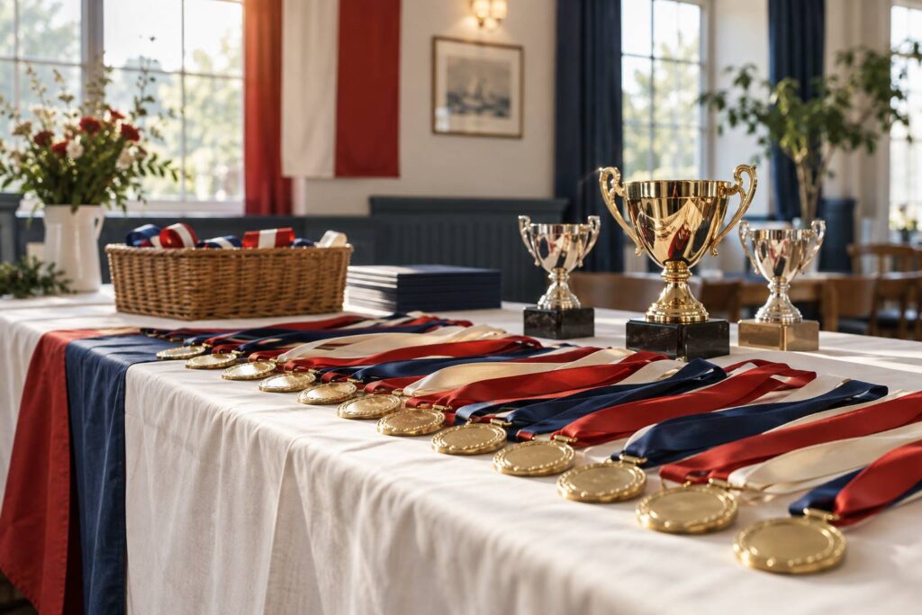 Medailles dorees a rubans colores alignees sur une table de remise de prix